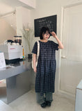 Yunni Check Button Short Sleeve Long One Piece