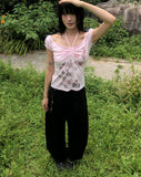 Rosen Flower Print Shirring Short Sleeve T-Shirt