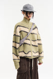 Wavy color block wool zip-up knit