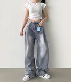 Diagonal One Pin Tuck Washing Loose Balloon Wide Fit Denim Pants
