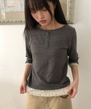 Fayu Flower Color Matching Button Three Quarter T-shirt