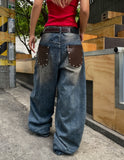 Late Back Leather Pocket Denim Pants