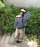 Hanky Stripe One Off Shoulder Overfit Long Sleeve Sweatshirt