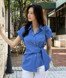 Pale Ribbon Wrap Collar Shirt Blouse