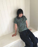 Dem Stripe Shirring PK Collar Short Sleeve T-Shirt