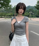 Dipyu Lace Diagonal Slim Short Sleeve T-Shirt