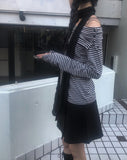Osen Off-shoulder Stripe Button T-shirt