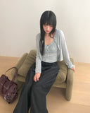 Sera Shirring Lace Ribbon Crop Long Sleeve Sleeveless Cardigan Set