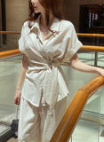 Hedden Linen Shirt Wrap Banding Wide Pants Set