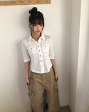 Daen Pocket Button Collar Three Quarter T-shirt