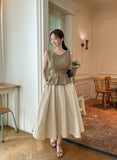 Okan Round Neck Pintuck Sleeveless Blouse (Belt Set)