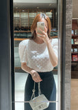 Bullet-Dot Wrinkle Jacquard Puff Sleeve Tee-Blouse