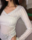 Toohi Cubic Ribbed V-Neck See-Through Long Sleeve T-Shirt