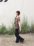 Rimae See-Through Frill Shirring Ribbon Short Sleeve Blouse
