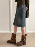 Barmmet Vintage Washing Slit Half-Length Midi Denim Skirt