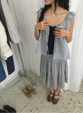 Baso Check Frill Seersucker Boat-Neck Blouse