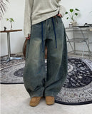 Rough Curved Washed Denim Pants