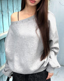 Nuru Over Fit Off-Shoulder Stud Brushed Long Sleeve Sweatshirt