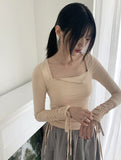 Pania Balletcore Shirring Pleated Strap Square Neck Crop Long Sleeve T-shirt