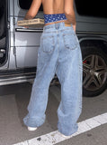 Hotfix side lettering unbalance denim pants