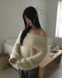 Lisle Pom Pom Angora Loose Fit Off Shoulder Fur Knit