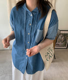 Rinta Stripe Color Matching Denim Hood Short Sleeve Shirt