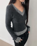 Lipin Color Matching V-Neck Slim Boucle Long Sleeve Knit