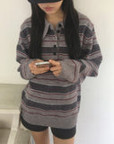 Woven Stripe Button Collar Knit