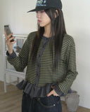 Peg Stripe Color Matching Frill Cardigan