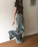 Binden side pin tuck back pocket wide denim pants