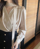 [Tie set] Repodi Satin Wrapped Shirred Blouse