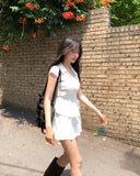 Rib Unbalanced Button Sheer Blouse
