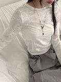Pezzle See-Through Paisley Incision Split Cropped Long Sleeve T-Shirt