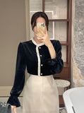 Tiv Frill Color Matching Velvet Blouse