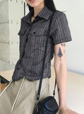 Hash Western Stripe Pocket Rolling Crop Short Sleeve Shirt