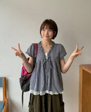 Qubin Layered Check Frill Short Sleeve Blouse