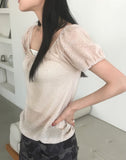 Eveny shirring volume hole short sleeve knit