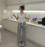 Petite Tie Puff Sleeve Crop Short Sleeve Blouse