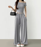 One Off-Shoulder T-shirt Two Pin Tuck Maxi Wide Pants Two Piece Set