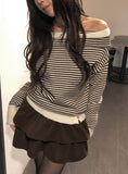 Boudin Stripe Loose Fit Off-Shoulder Button Knit