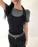 Dender Button Halter Short Sleeve T-shirt