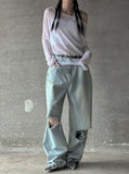 Boat neck long sleeve see-through knit