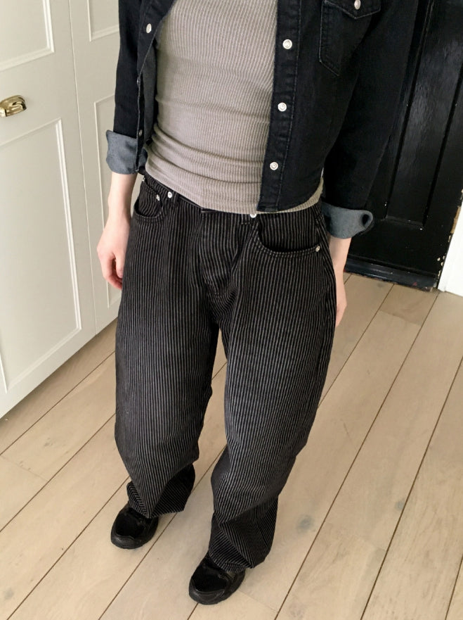 【WONDER WONDER】Kilo Black Stripe Long Wide Denim Pants wonderwonder - Kilo black striped long wide denim pants