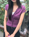 Dyeing V-neck Ribbon See-through Short Sleeve T-shirt