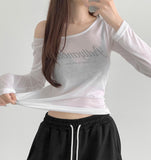 Print Lettering See-through Long Sleeve T-shirt