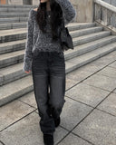 Eti Two Button Black Denim Wide Pants