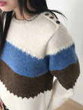 Wool Stripe Color Matching Button Round Long Sleeve Knitwear