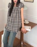 Onnit Check Square Neck Mini Short Sleeve Blouse