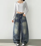 Back Point Pocket Washing Wide Fit Denim Pants