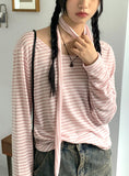 [2 SET] Town Scarf Set Stripe Linen Long Sleeve T-Shirt